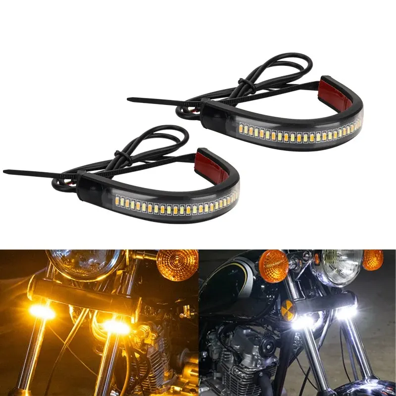 2pcs Motorcycle Turn Signal Light Strip Shock Absorber Amber White DRL Light Strip 36LED Ring Fork Strip Moto Flasher Indicator