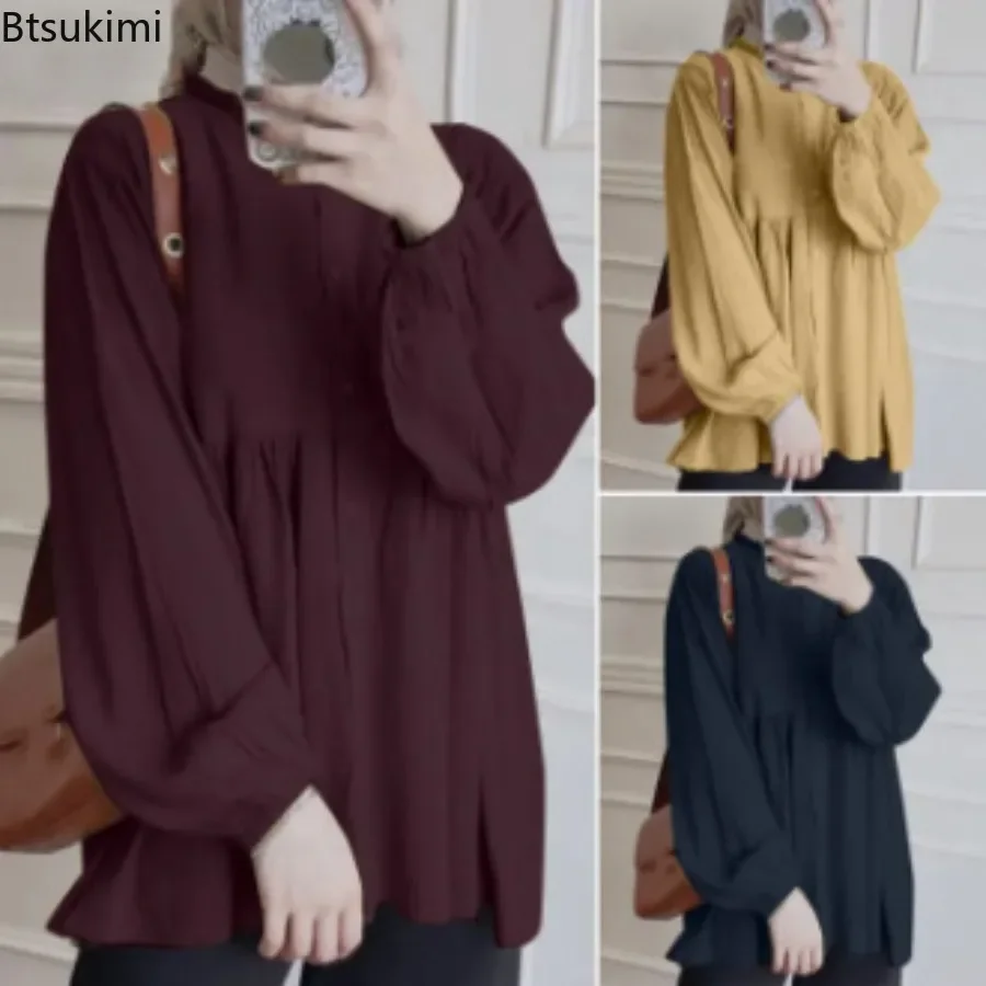 New 2025 Women's Long Sleeve Ruffles Blouse Spring Fashion Elegant Casual Loose Shirt Muslim Ramadan Turkey Tops Retro Versatile