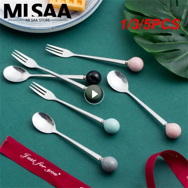 1/3/5PCS Round Colorful Ceramic Handle Spoons Smooth Without Welding Kitchen Gadgets Macaroon Color Spoon Easy Cleaning