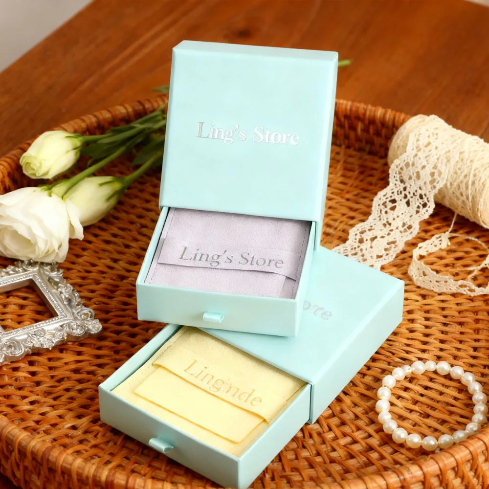 

Custom Logo Paper Jewelry Box Microfiber Envelope Organizer Bag Jewelry Rings Earrings Packing Pouch Gift Sliding Drawer Box Set