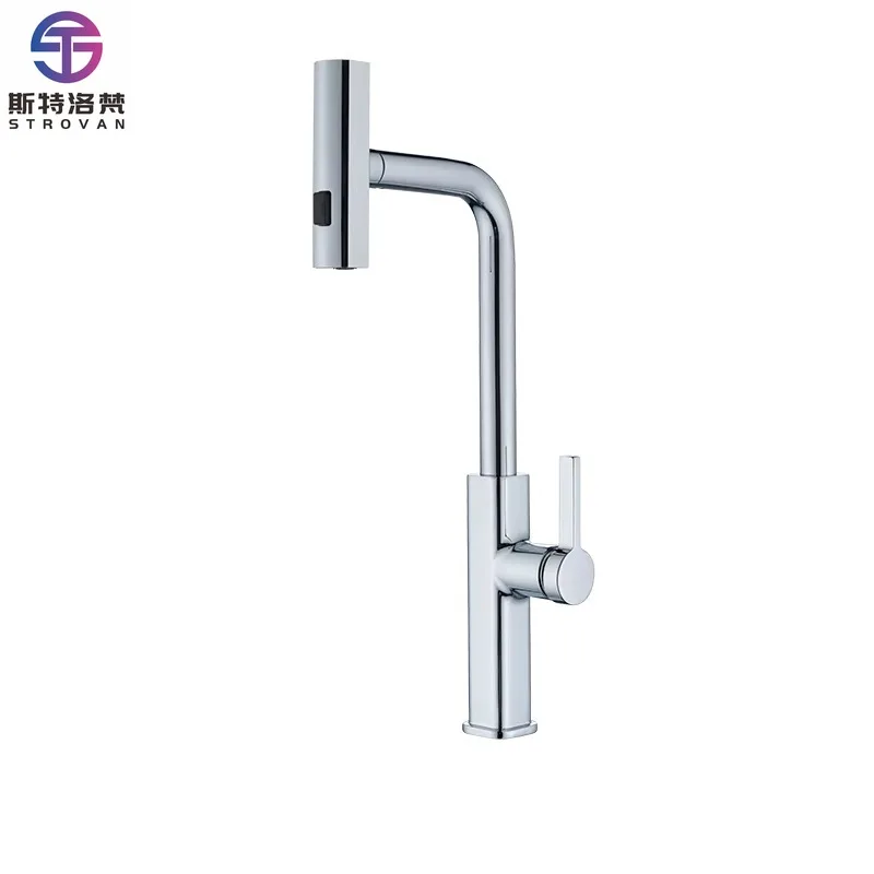 

Contemporary Pull-Out Pull-Down Chrome Kitchen Faucet with Ceramic Valve Core 1 Handle Deck Mounted