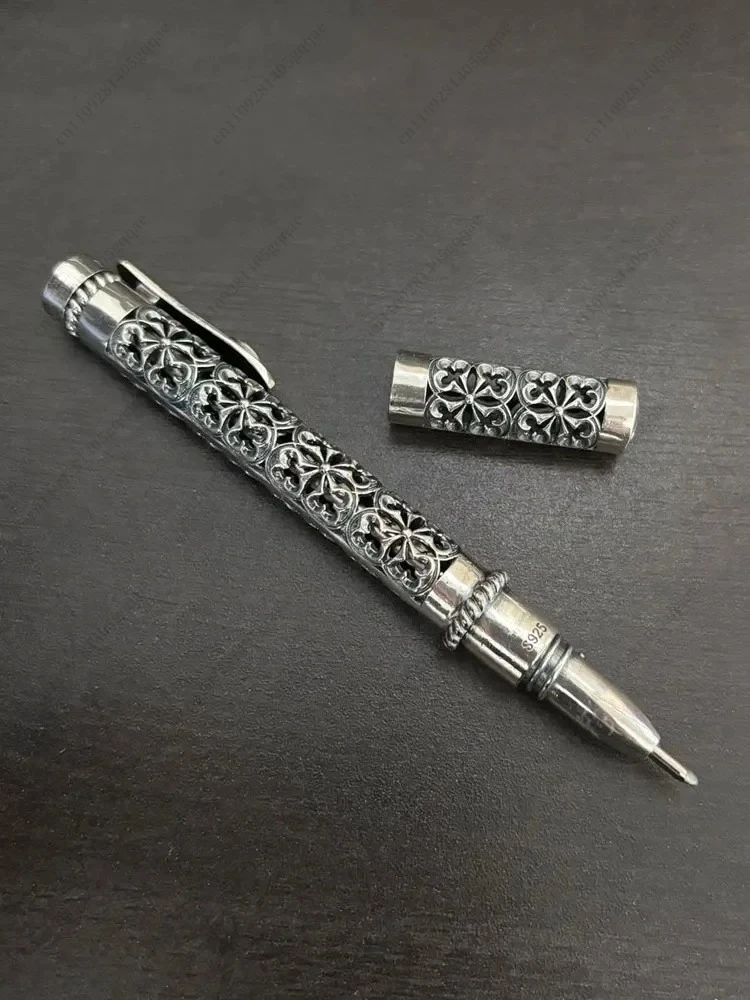 925 Silver Ballpoint Pen Vintage and Elegant 925 Silver Hollow Carved, Business Signature Pen High Quality