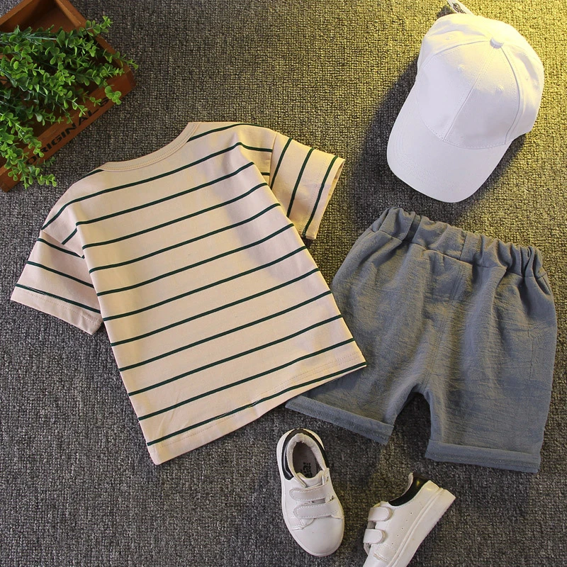 2-częściowy zestaw letnich ubranek Baby Boy Fashion Stripe casualowe bluzki z krótkim rękawem + spodenki dziecięce stroje butikowe dla malucha BC877