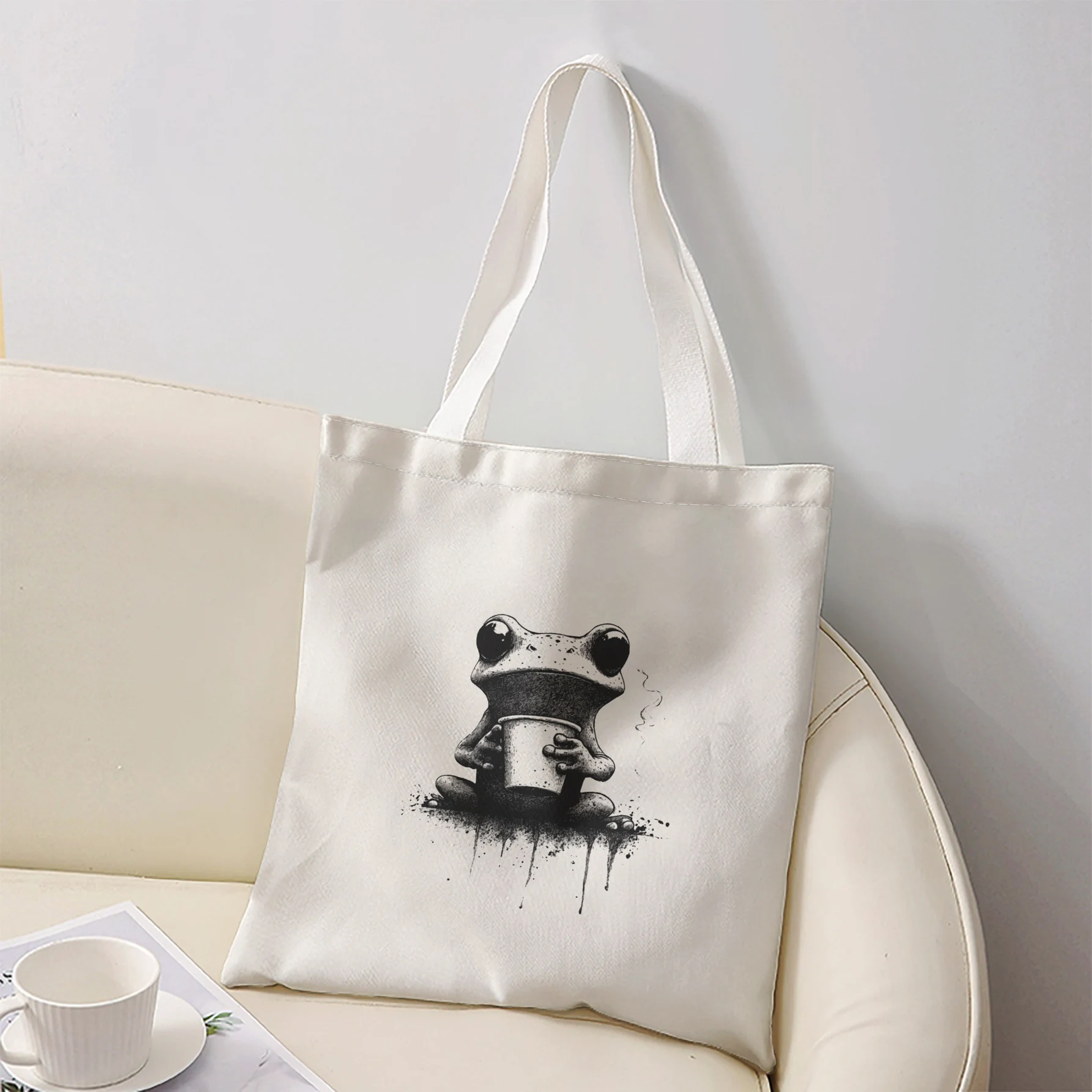 Ink Splash Frog Holding Coffee Cup Print Tote Bag Large Shoulder Handbag For Shopping Daily Commute