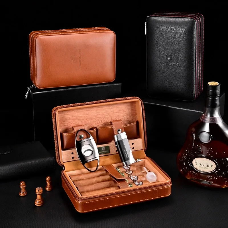 

Portable Cigar Box Set with Cigar Cutters, Windproof Lighter, and Cuban Cedar Humidifier - Three-Piece Cigar Care Kit