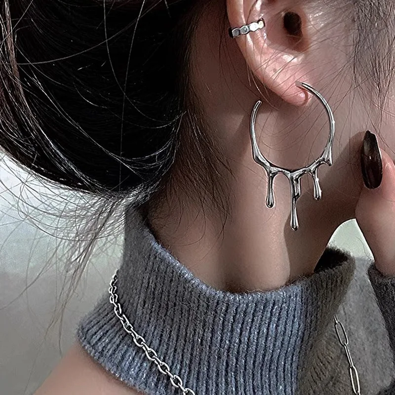 2022 New Punk Gothic Silver Color Lava Drop Shape Irregular Big Hoop Earrings for Women Men Fashion Korean Liquid Metal Jewelry