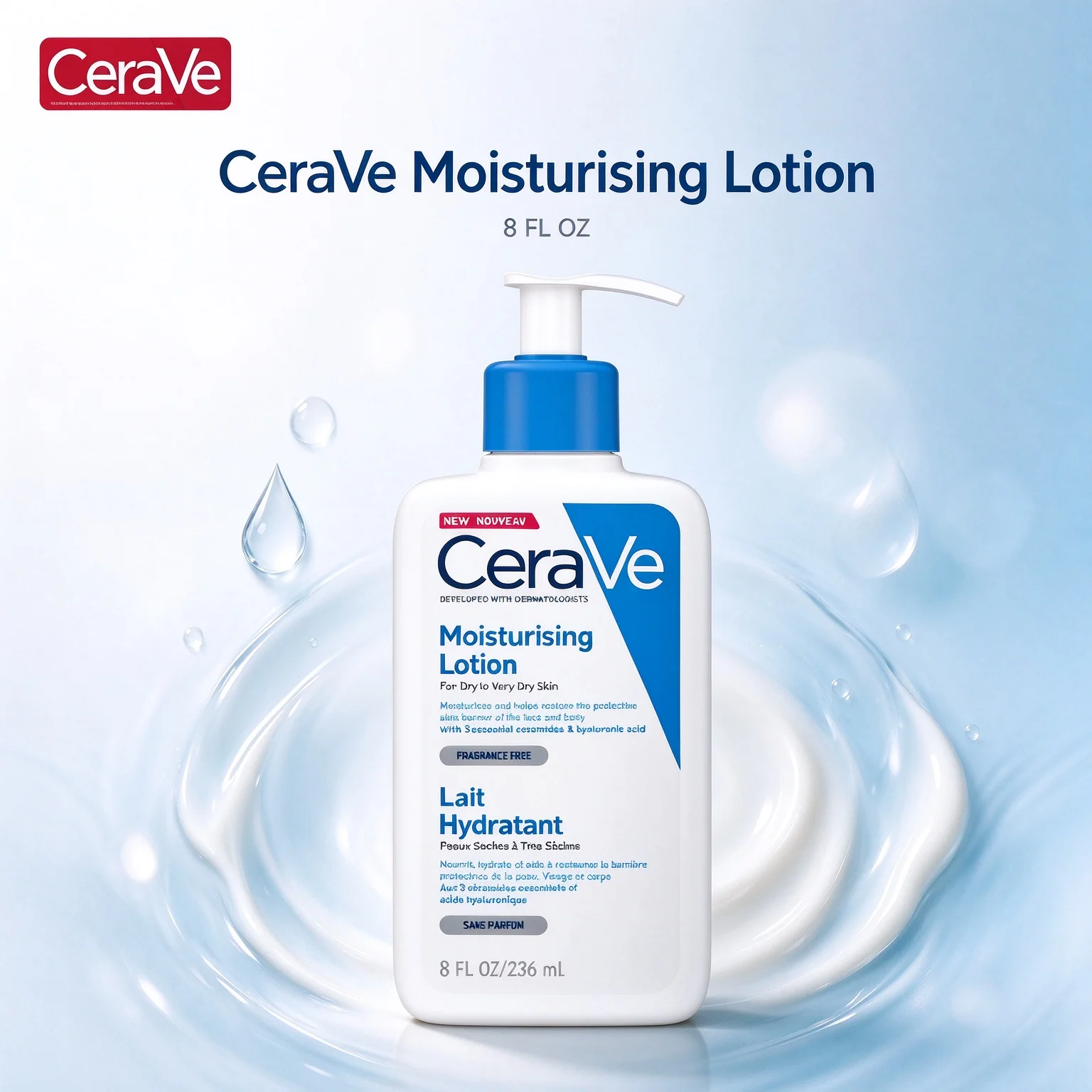 CeraVe Moisturising Lotion for Dry & Very Dry Skin, Fragrance Free Lait Hydratant 8 FL OZ (236ml)