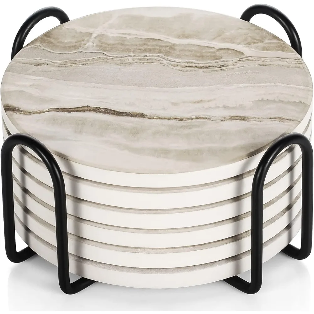 

Набор подставок из 6 штук, подставки для напитков с впитывающим камнем и держателем, керамическая подставка для напитков в стиле черного мрамора для настольной защиты