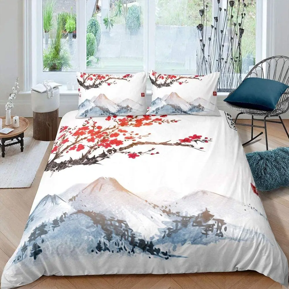 Japanese-Style Duvet Cover Set for Girl Polyester Mount Fuji Comforter Cover Cherry Blossoms Flower Ink Hand Painted Quilt Cover