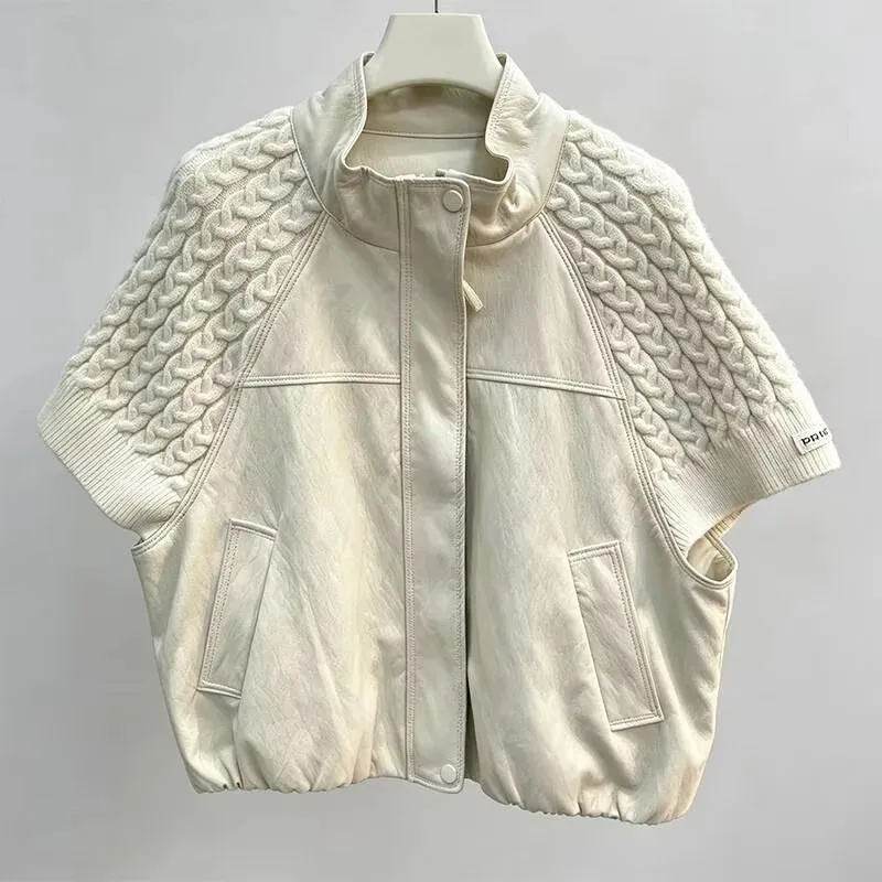 2026 Autumn Knitted Patchwork Short-sleeve Waistcoat for Women Casual Versatile Stand-up Collar PU Leather Jacket