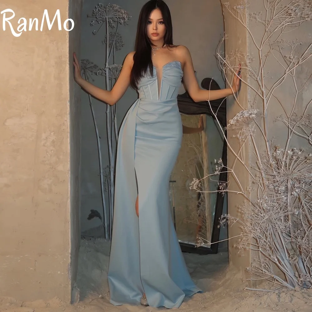 

Ranmo Customized Deep V-neck Stain Full Beaded Sleeves Draped Side Fork Blue Evening Dress Design Sense 2025 Floor-length Prom