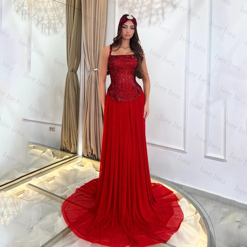 Robes de soirée rouge brillant dubaï a-ligne en mousseline de soie cristal a-ligne robes de soirée فستان وعmaverapersonnalisé