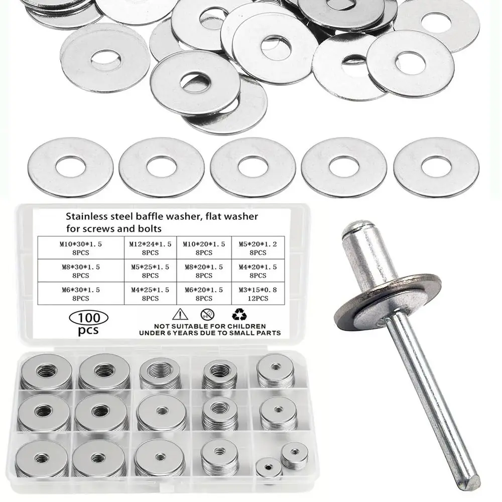 

100PCS Multi-sizes Flat Washers High Strength Thickening Baffle Washer Stainless Steel Enlargement Flat Ring for Screws Bolts