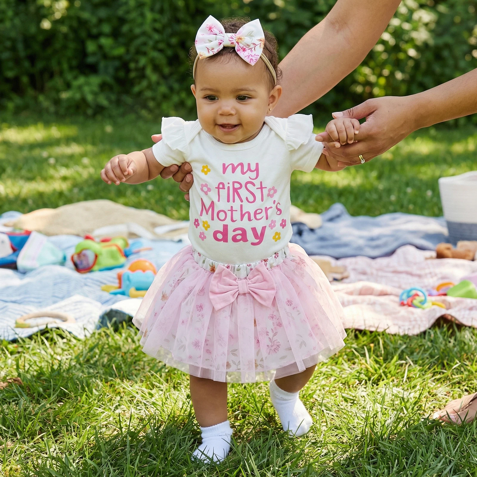 Baby Girl Mother's Day 3Pcs Outfits Letter Print Crew Neck Short Sleeve Romper Floral Print Skirt Headband Summer Set