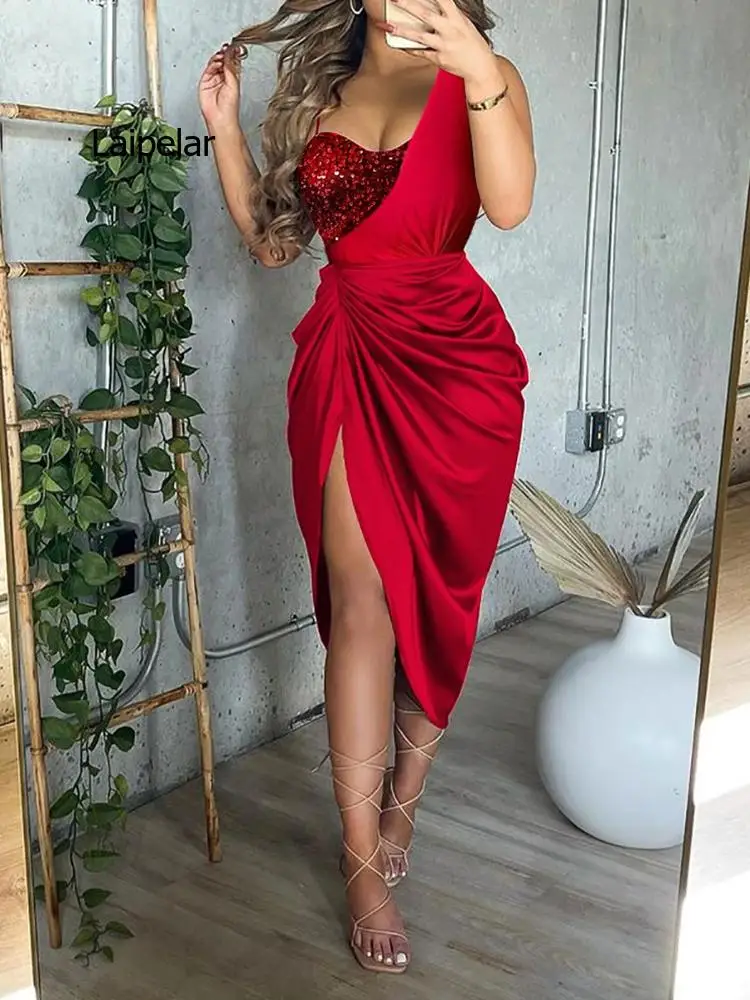 Thời Trang Thanh Lịch Miếng Dán Cường Lực Sling Đầm Sexy Ôm Vai Đầm Xẻ Tà Nữ Dáng Satin Mỏng Shirring Dài Đầm Dự Tiệc