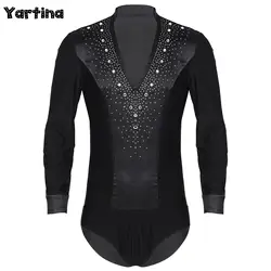 Mens V Neck Latin Jazz Dance Leotard Shirt Bodysuit Top Glittery Rhinestones Gymnastics Figure Skating Ballroom Chacha Costume