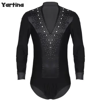 Heren V-hals Latin Jazz Dans Turnpakje Shirt Romper Top Glittery Steentjes Gymnastiek Kunstschaatsen Ballroom Chacha Kostuum
