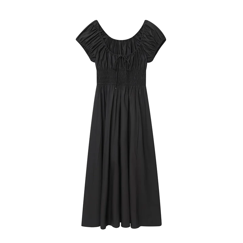 YENKYE Czarne Białe Sukienki Letnie z Krótkim Rękawem na Wakacje 2026 Damskie Sznurowane Dekolt O Elastyczna Talia Elegancka Codzienna Sukienka Midi w Kształcie Litery A