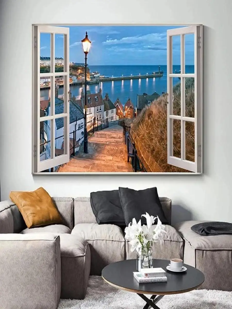 Seascape Canvas Print  Window View Landscape Wall Art for Living Room  Bedroom Decor