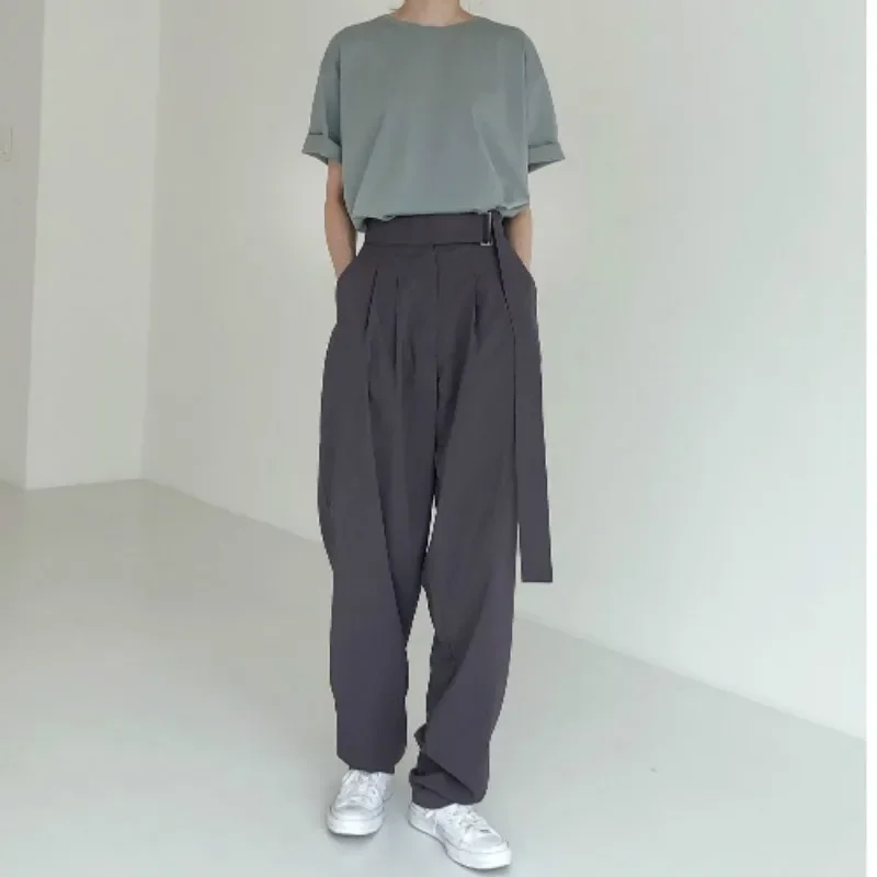 Pantalones de pierna ancha de cintura alta para mujer, pantalones largos sólidos sueltos con fajas, traje que combina con todo, ropa de calle informal, Otoño e Invierno