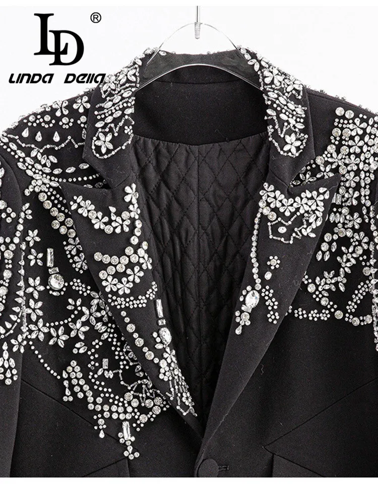 LD LINDA DELLA Autumn winter New Style Fashion Coat Women\'s Black Splice woolen long sleeve luxury Nail Bead Button Loose Coat