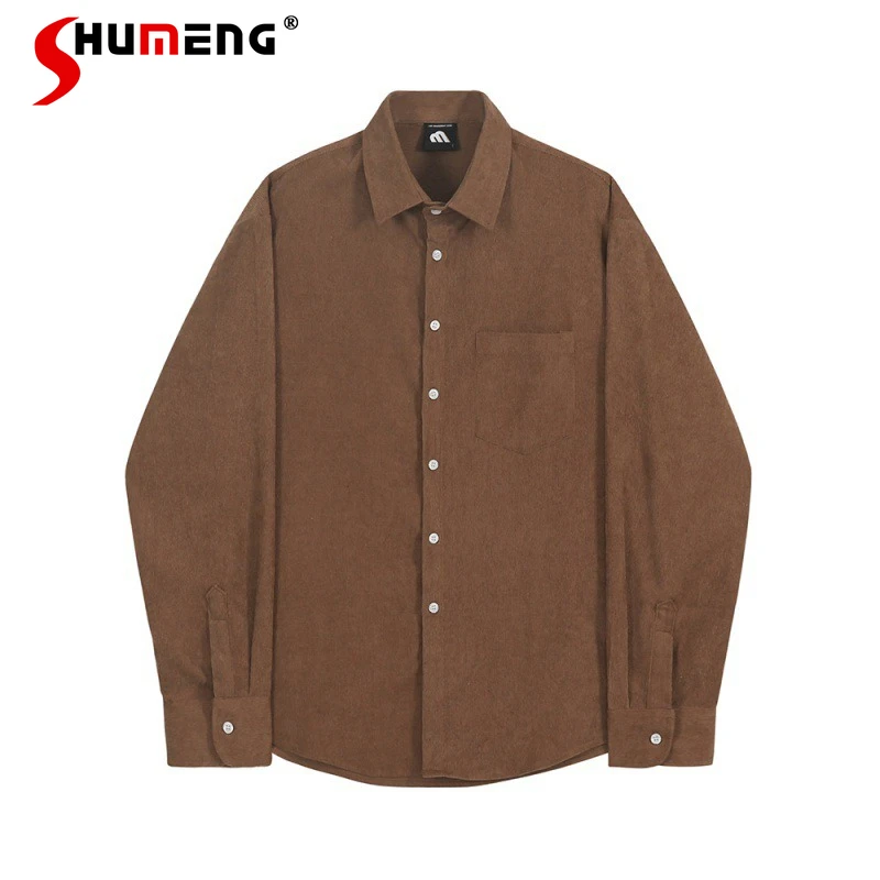 

Мужские модные рубашки с длинным рукавом, однотонные, свободного кроя, с карманами, стильные, весна-осень 2026