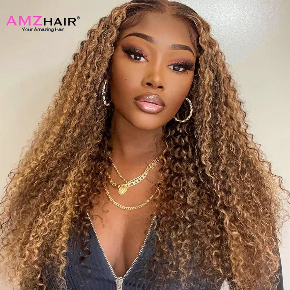 4/27 Highlight Curly Ombre Lace Front Wig Human Hair Wigs For Women 180% Density Lace Frontal Wigs Curly Honey Blond