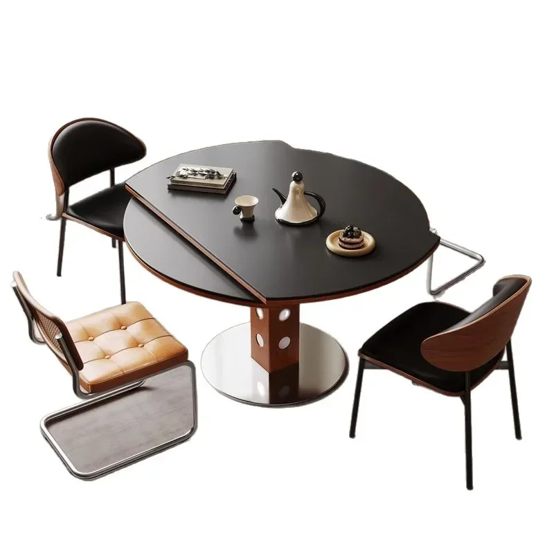 

French retro retractable folding dining table and chair combination household small apartment square circle dual-purpose black