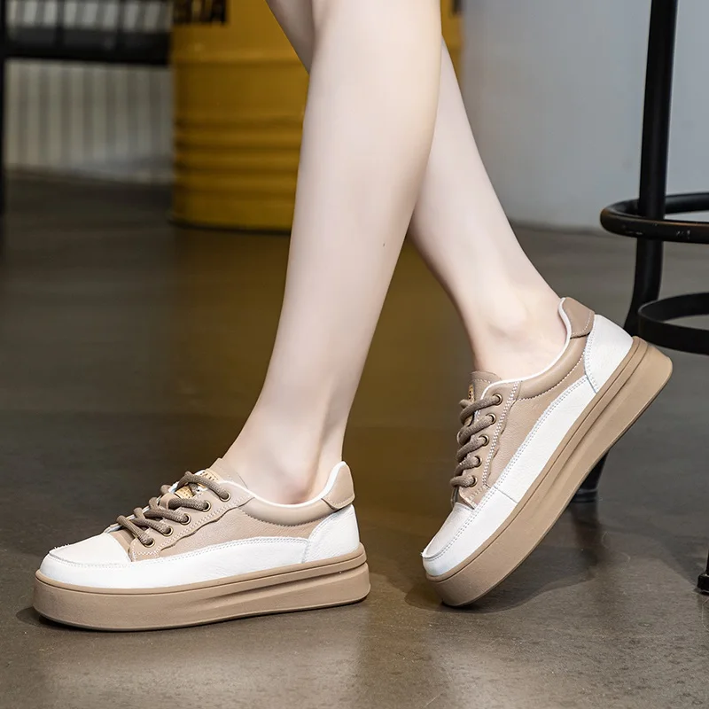 DRKANOL 2024 Women Flat Platform Shoes Spring Genuine Leather Mixed Colors Casual Board Shoes Lace-Up Soft Bottom Sneakers H8802