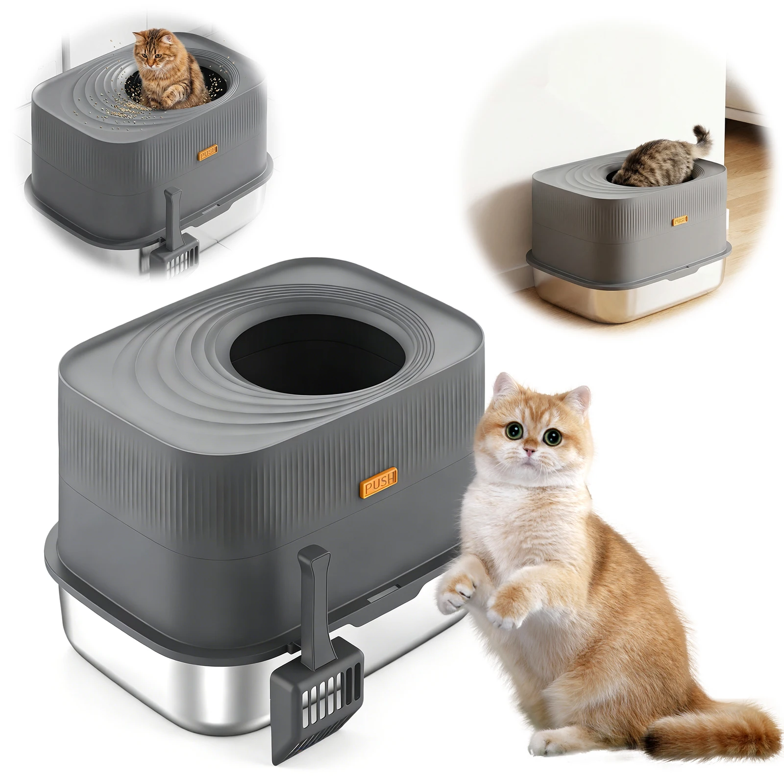 

Top-Entry Stainless Steel Cat Litter Box w/Lid&Scoop Enclosed Bedpan (Dark Gray)