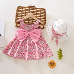 2pcs Baby Girls Casual Floral Graphic Print Sleeveless Bowknot Decor Dress & Hat Set Clothes