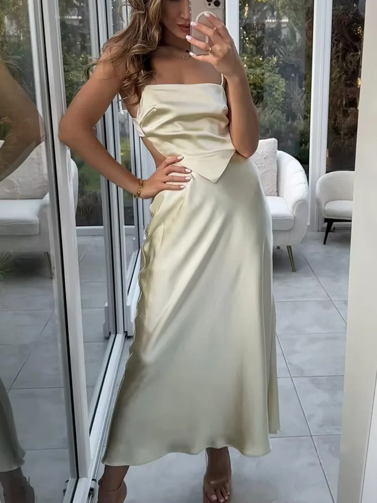 HH Abito da donna con cerniera laterale stile spiaggia senza maniche senza schienale con lacci Decorazione Abito estivo da donna con trama in raso a 2 colori