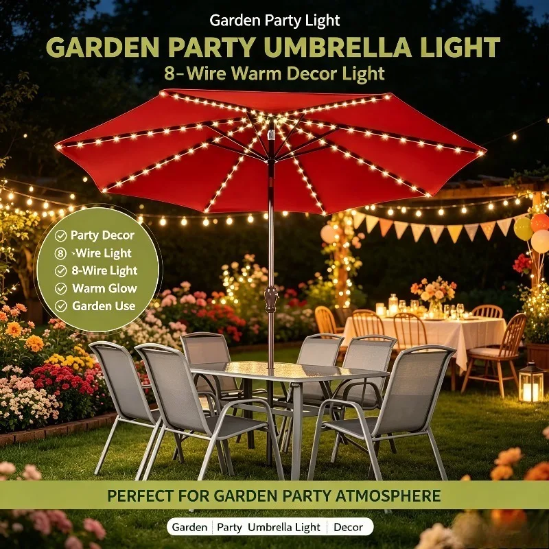 Sunshade Umbrella Light Outdoor Battery Box String Lights with Remote Control 8 Wire Ambient Flashing for Yard Patio Party Light