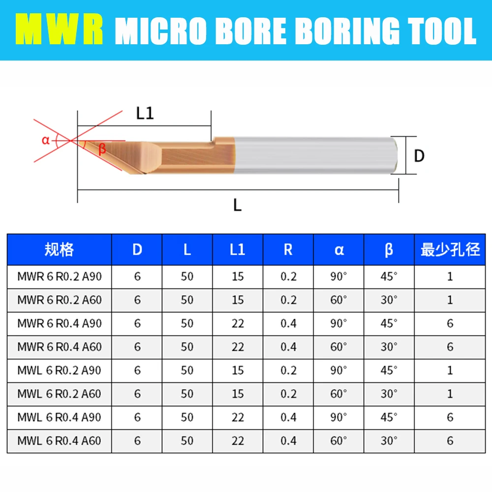 Ferramenta de perfuração interna para aço alumínio, HRC65, MWR Micro furo chato, chanfro usinagem ferramenta de torneamento, fresa, 6mm