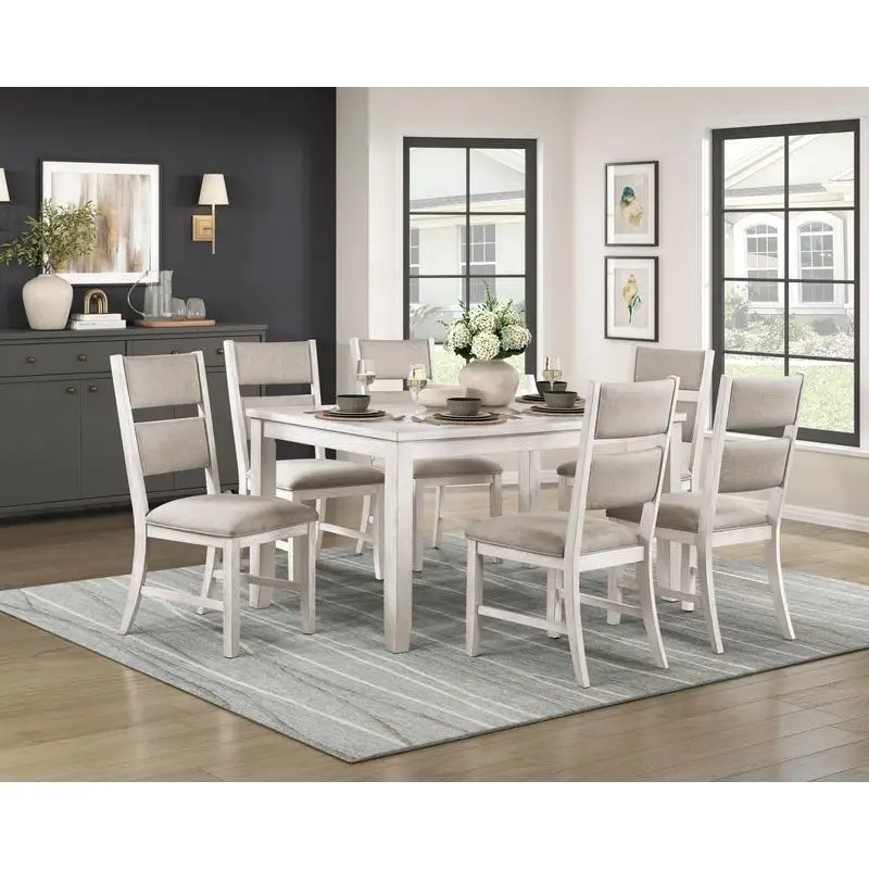 

7-Pc Modern Farmhouse Dining Set with Table & 6 Upholstered Chairs in Antique White Finish, Durable Wood Furniture