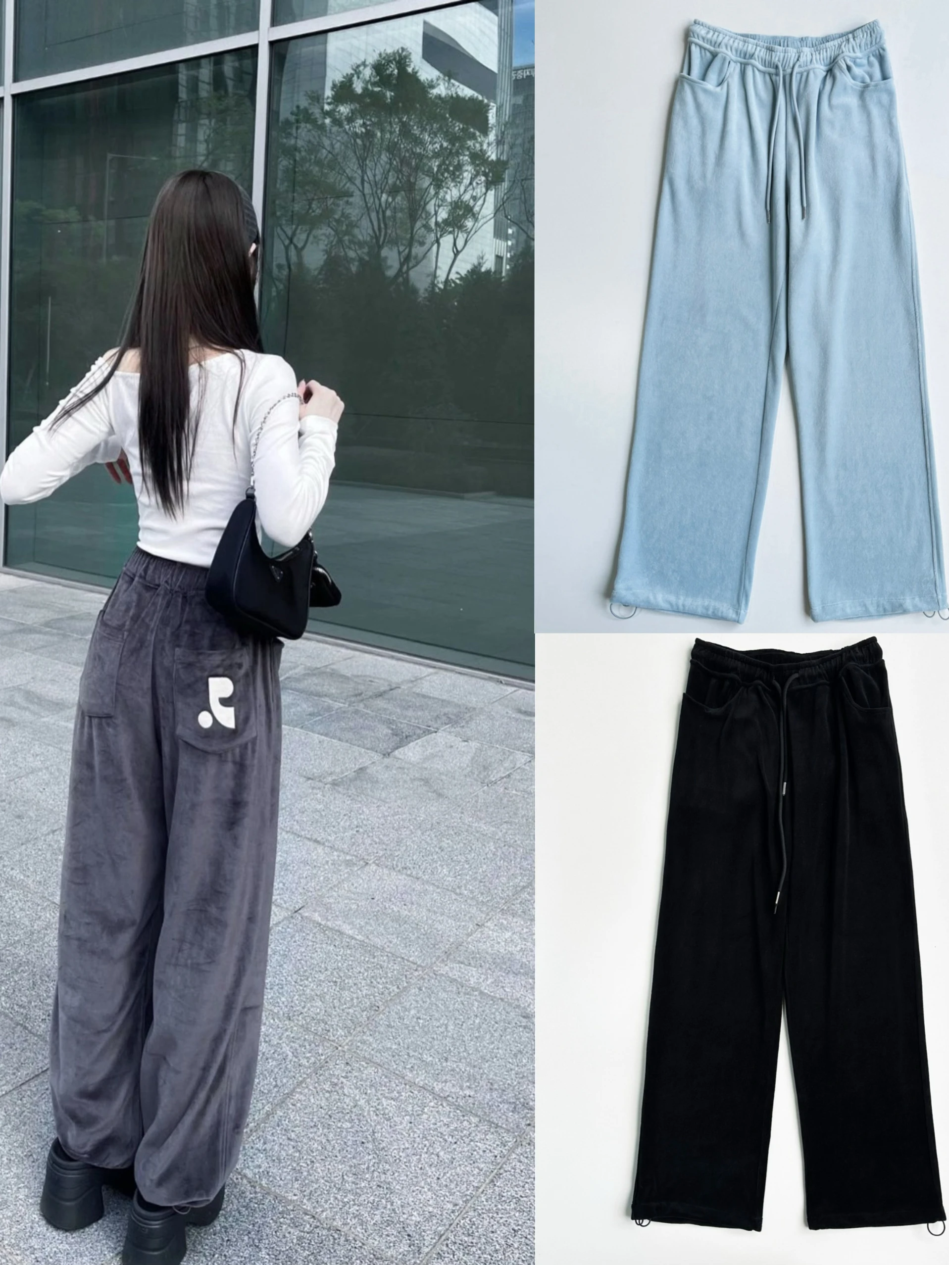 

Casual Velvet Sport Pants Straight Leg Long Trousers Slimming Fit Versatile Loose Comfortable Cotton l Waist for Women