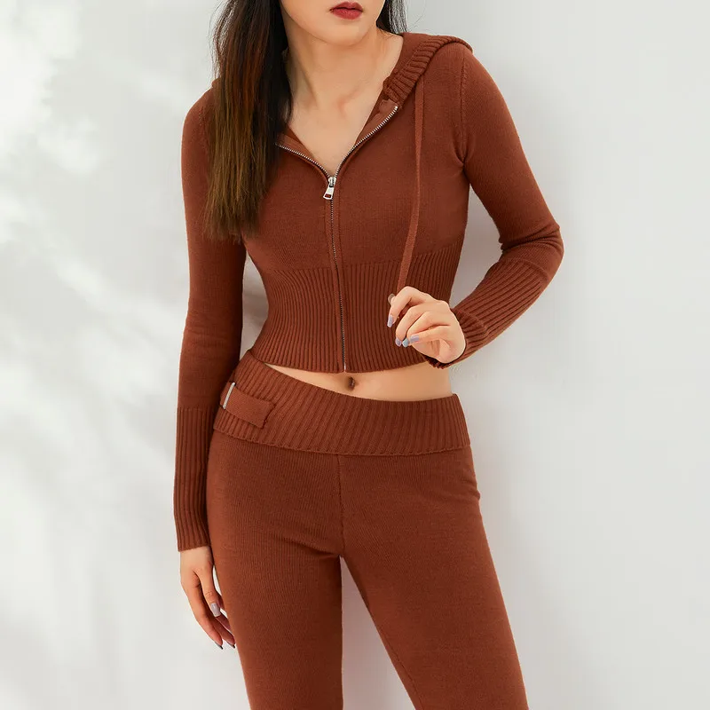 

Women Knitted Two Piece Pant Sets y2k Autumn Clothes 2023 Chic and Elegant Long Sleeve Zipper-Up Slim Hooded Crop Tops and Pants