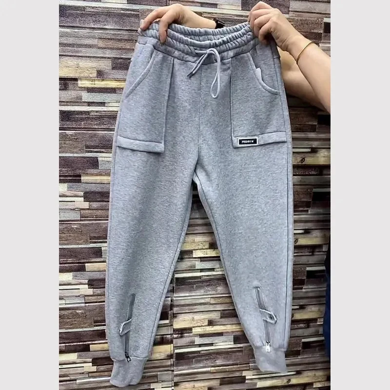 Add Velvet/ No Velvet Zipper Sweatpants Women Autumn Winter Plush Thick Casual Warm Pants Elastic High Waist Harem Trousers 5XL