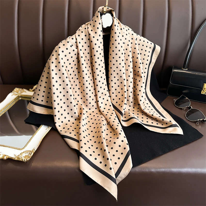 Summer Elegant Women 90cm Twill Silk Square Hair Scarf Dot Print Sunscreen Beach Stoles Hijab Shawl Wraps Bandana Echarpe