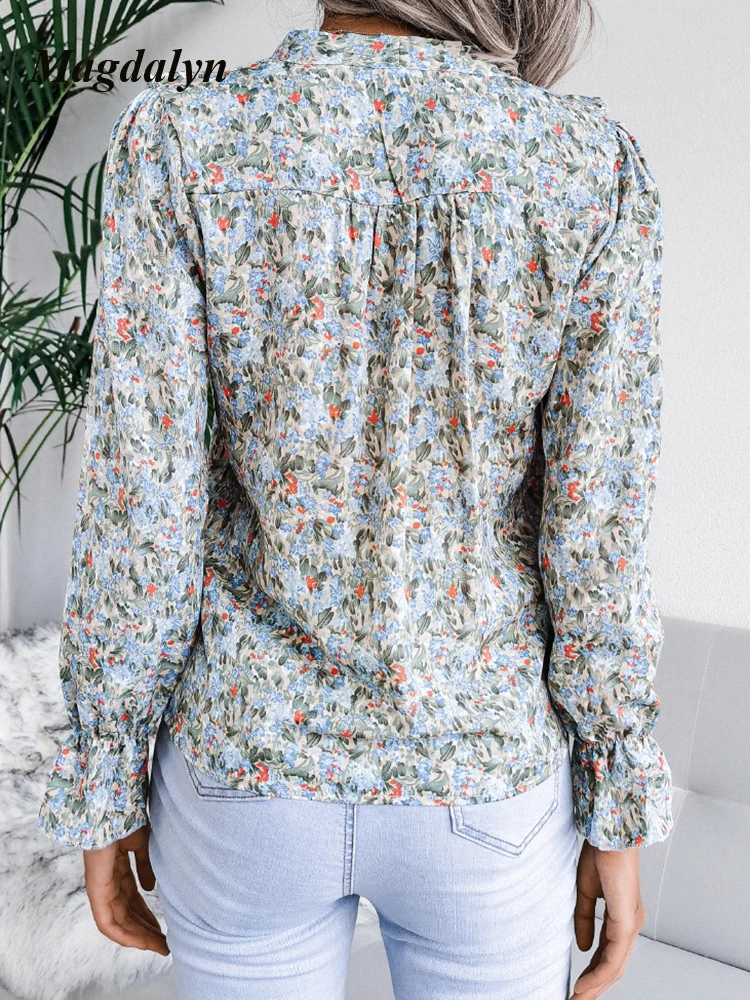 Magdalyn Ins Office Shirt Oversized Vintage Elegante Bloemenprint Blouse Top Met Ruches Chiffon Blusa Casual Strik Top Met Lange Mouwen