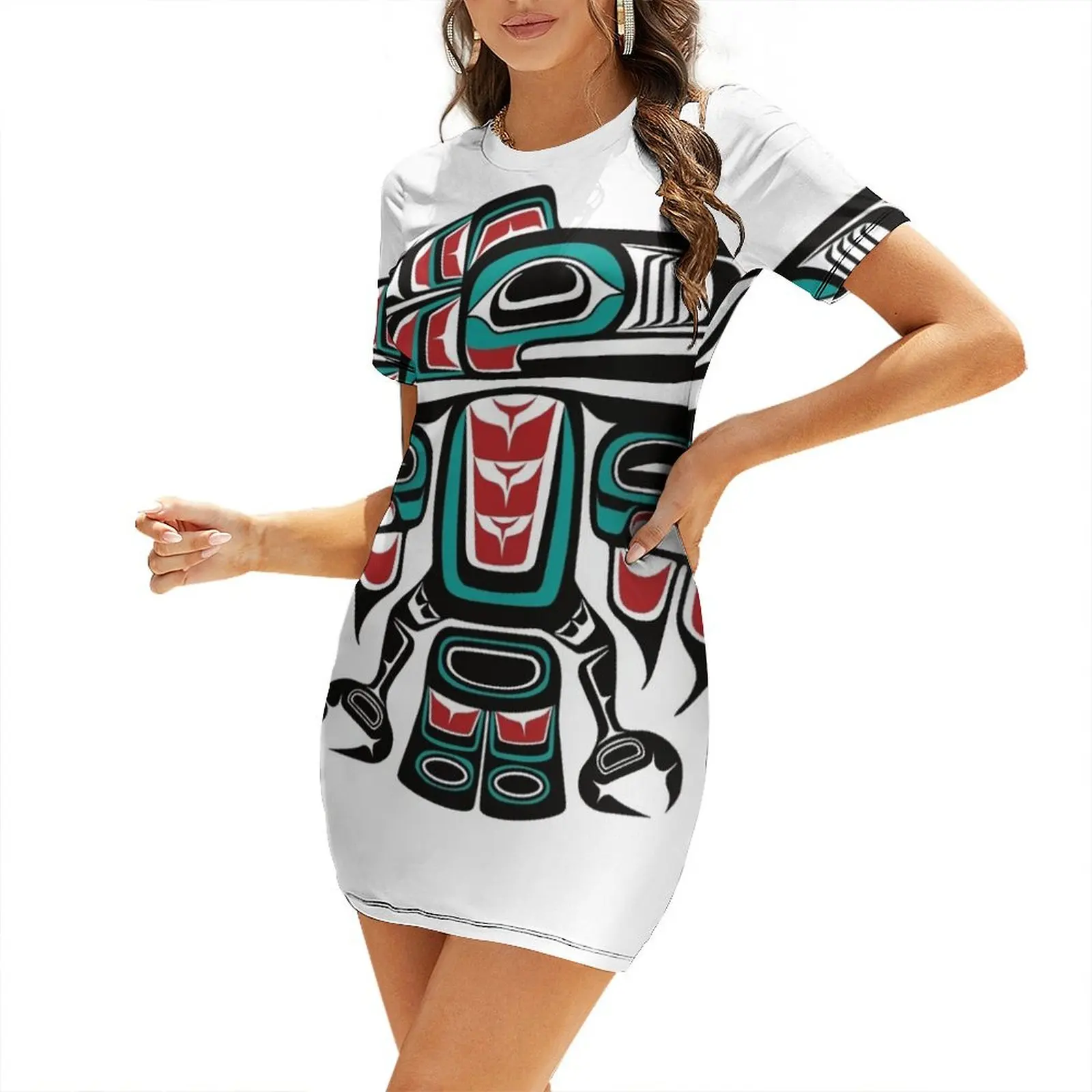 

Haida Tlingit Native Raven Totem Short Sleeved Dress Prom gown Women's summer suit