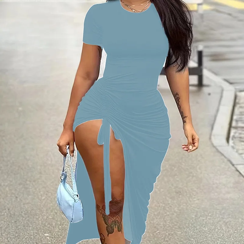 เสื้อผ้าไหมพรมทรงเข้ารูป คอวี แต่งระบายพลีท ผ่าข้าง ดีไซน์ไม่สมมาตร สำหรับผู้หญิง เอวสูง ผ้าโพลีเอสเตอร์