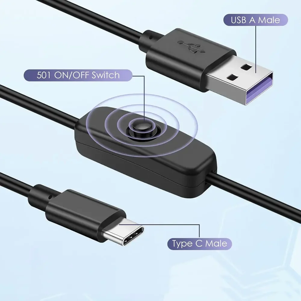 USB Type C Switch Charging Cord with ON/Off Button Data Cable Support Data and Power for Mobile Phone Desk Lamp Fan LED Light