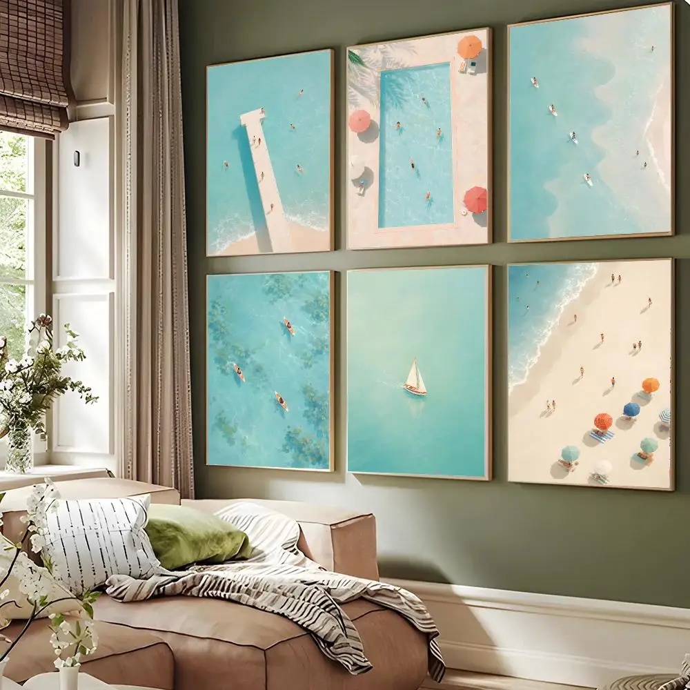 Hand Drawn Aerial Macaron Beach Pool Poster Waterproof Sticky Wall Art Print For Bedroom Living Room Hallway Bar Home Decor