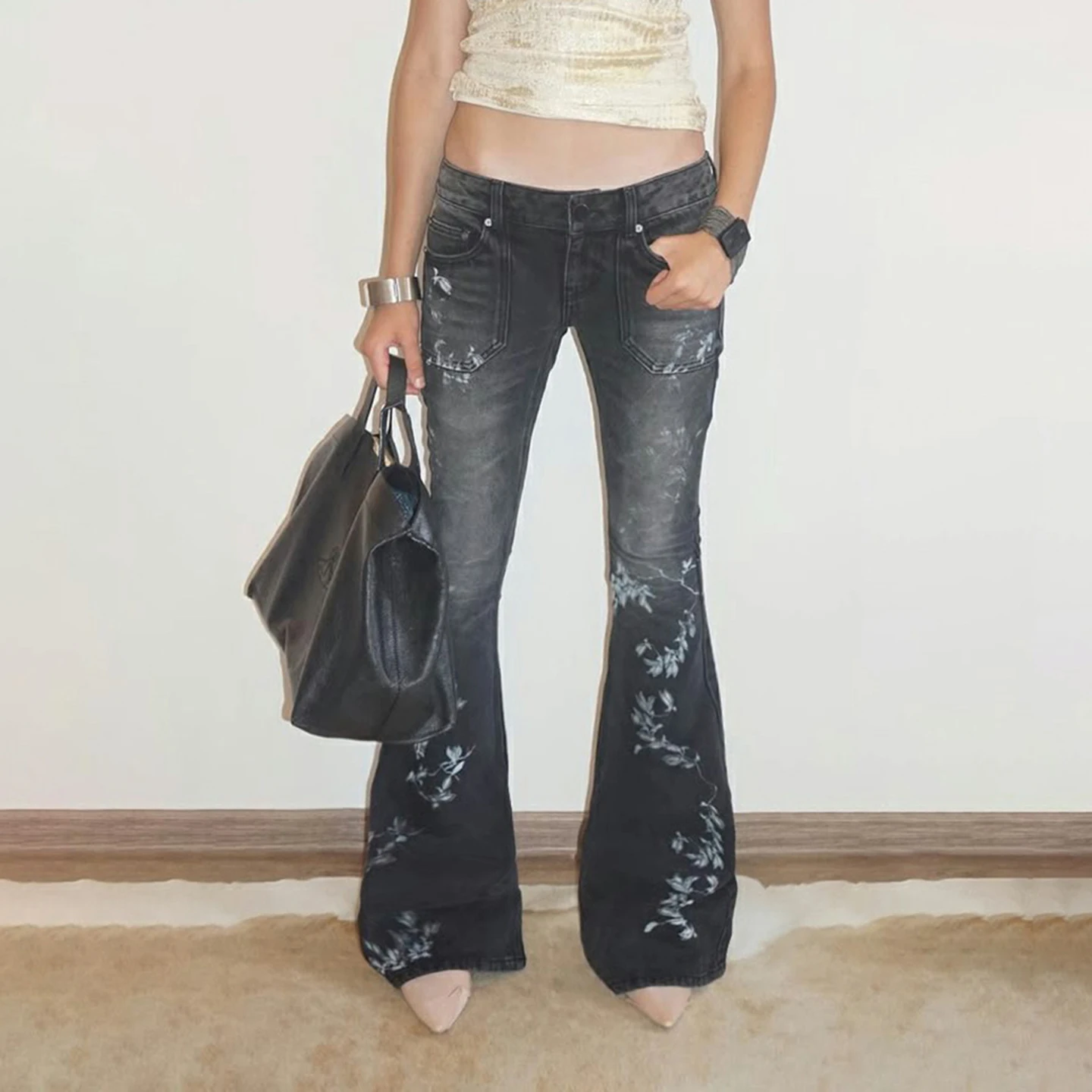 

Vintage Floral Flare Jeans Y2K Sexy Slim Low-Waisted Maxi Pants Women 2025 Autumn Spring Fashion Streetwear Denim Trousers Lady