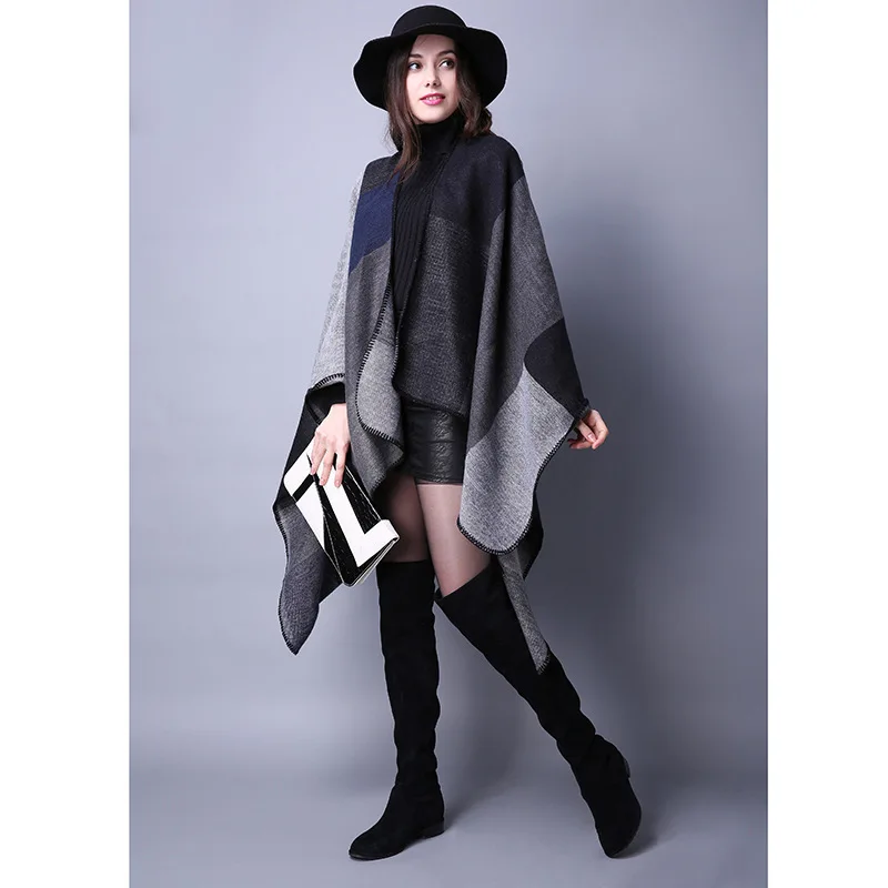 

Autumn Winter Women Travel Shawl Imitation Cashmere European National Style Fork Thickened Cloak Ponchos Capes Gray