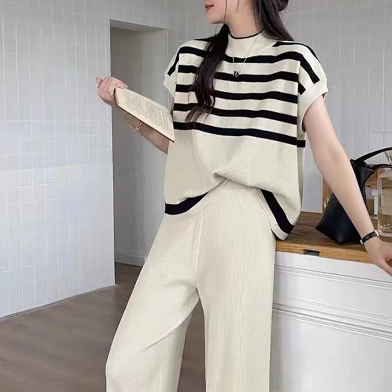 Women\'s 2024 New KPOP Fashion Style Retro Loose Casual Pant Suit Office Lady Striped Knitting Cotton Linen Solid O Neck Chic Top