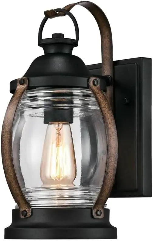 

Outdoor Wall Light Fixture, Textured Black and Barnwood Finish with Clear Glass, 1-Light