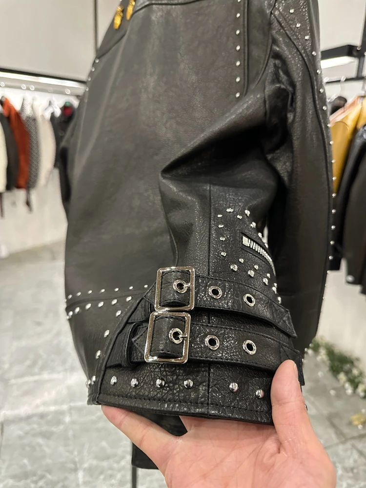 Luxury Mens Designer Rivets Genuine Leather Jacket Punk Style Coat Slim Fit Natural Leather Motorcycle Autumn Jacket Outerwear