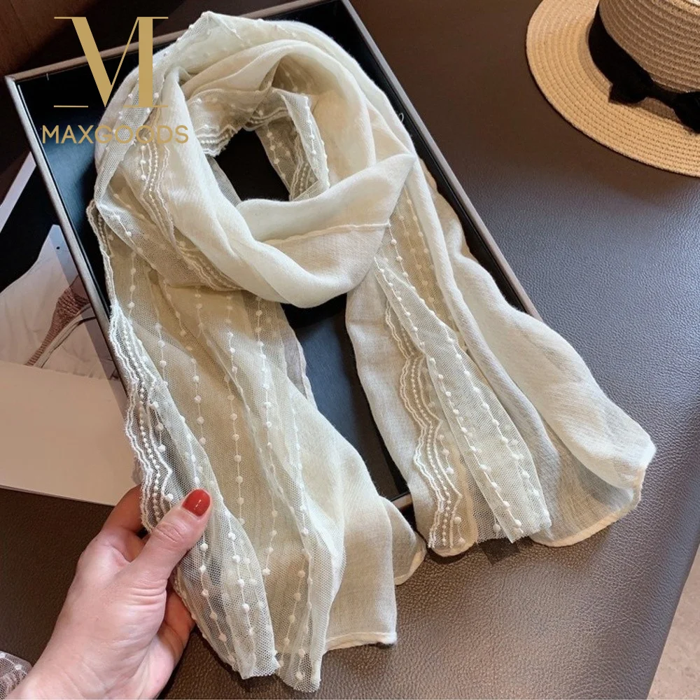 

Retro Flaxen Lace Scarf Solid Color Thin Cotton Linen Scarf Korean Version Embroidered Flower Sunscreen Shawl for Women